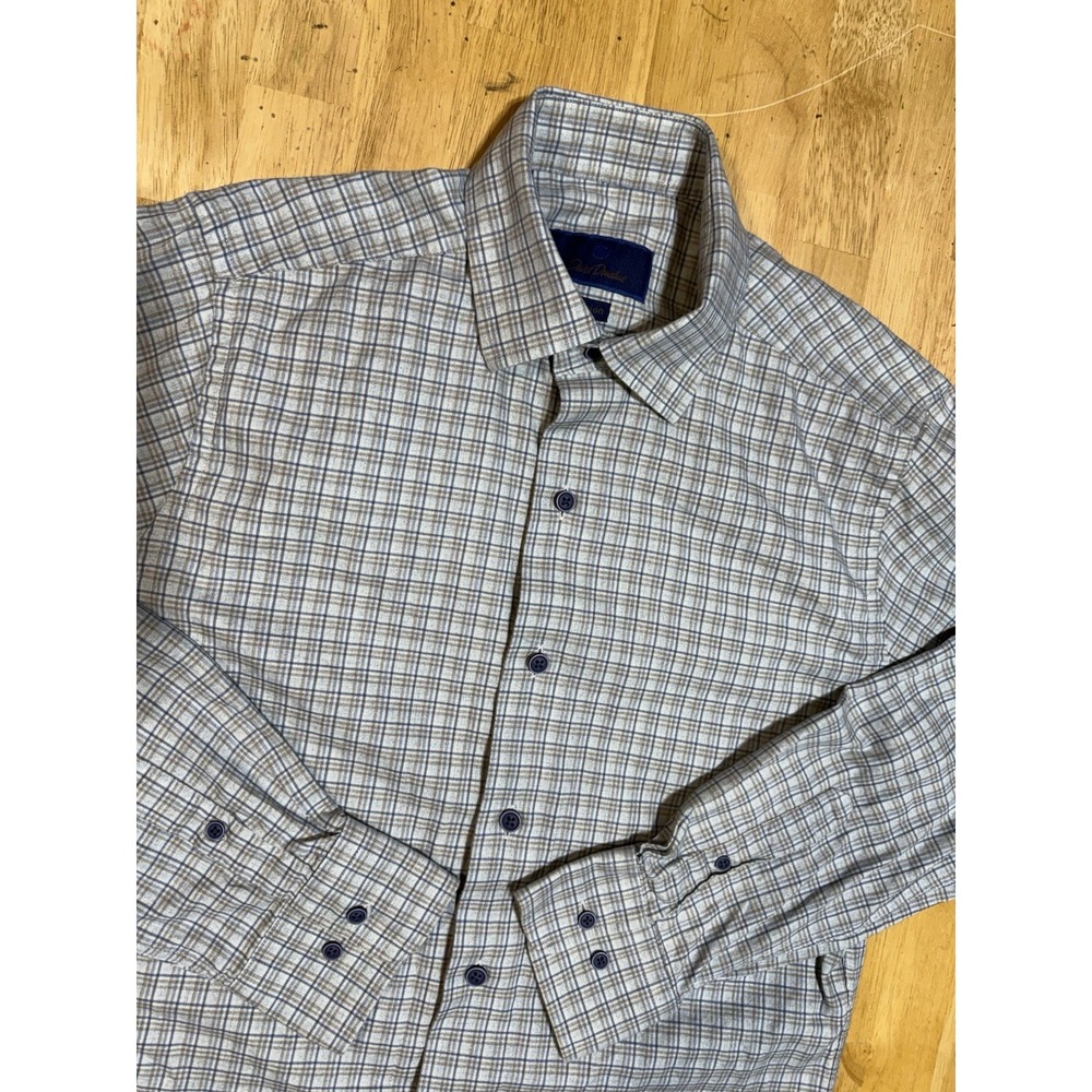David Donahue Fusion Shirt Mens S/M 15 Blue Tan Plaid Cotton Long Sleeve